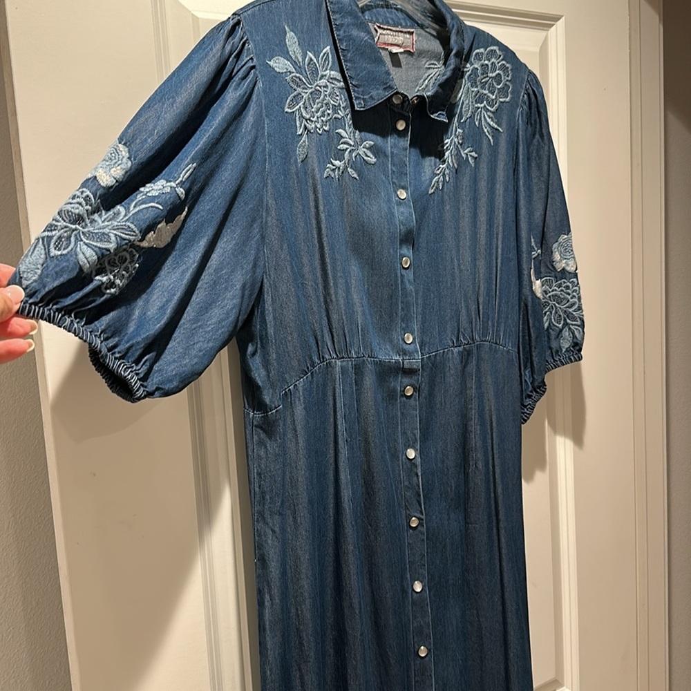 Johnny Was L Jacqueline Puff sleeve embroidered denim jean dress - Picture 2 of 7